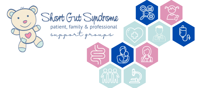 Short Gut Syndrome patient, family and professional support groups logo with teddy bear and short gut related medical icons